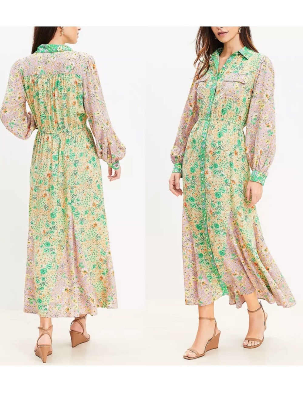 LOFT Floral Godet Pocket Shirtdress